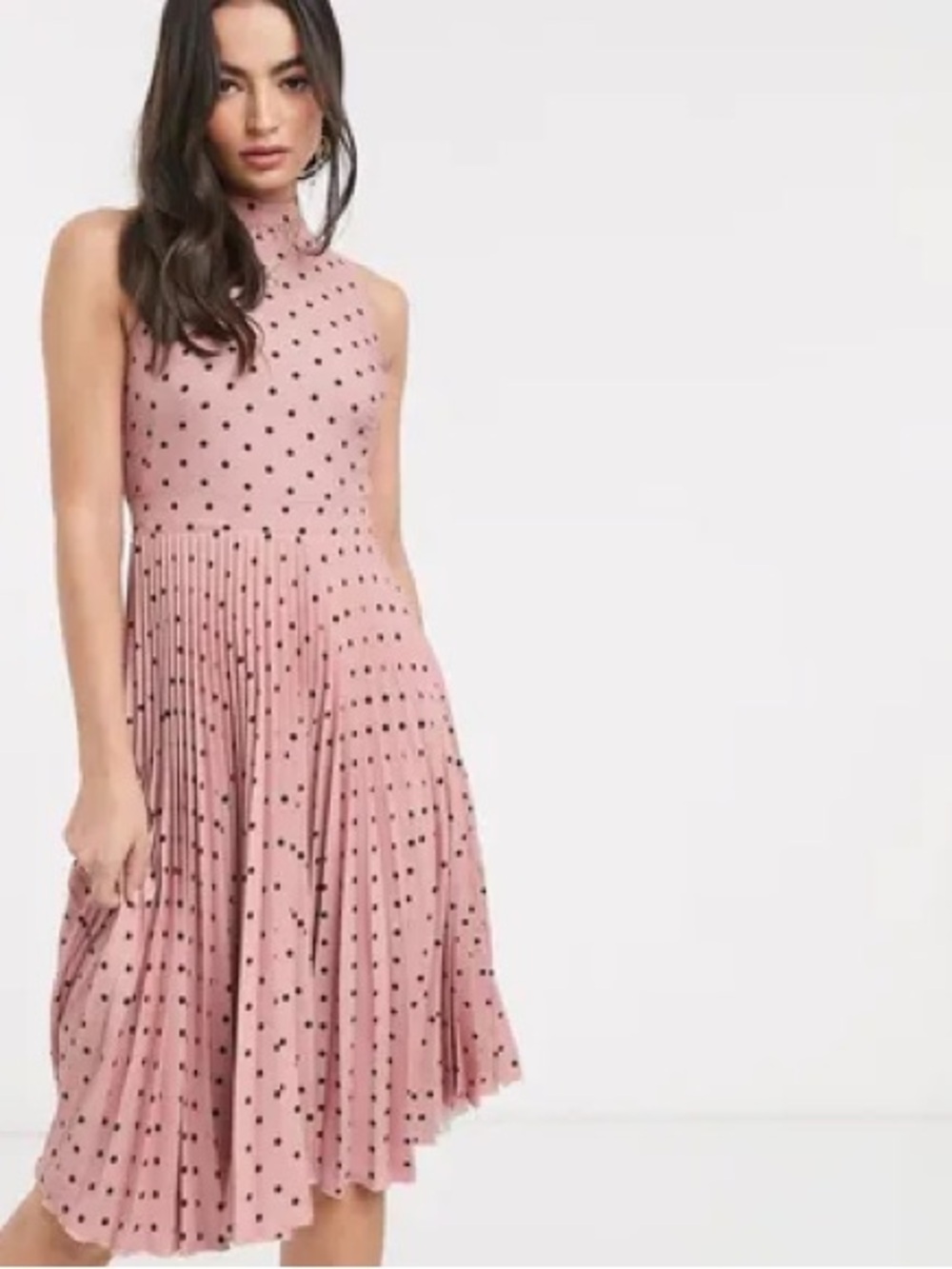 Closet Dusty Pink Sleeveless Polka Dot Pleated Midi Dress